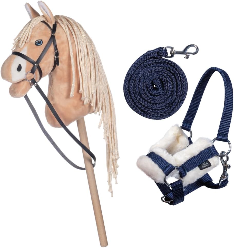 Hobby Horse Palomino Beige avec licol et longe en bleu foncé pour enfants